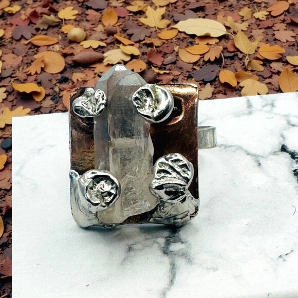 Raw Crystal Statement Ring Upcycled From Copper Baking Dish & Silver Spoon 7.75 - Picture 10 of 13
